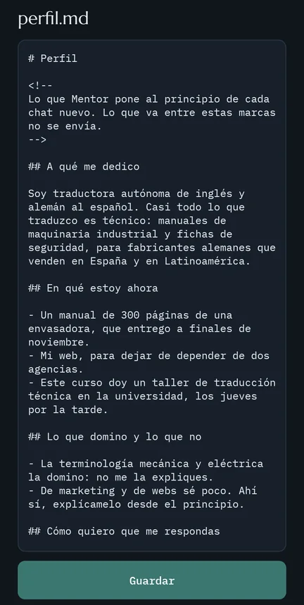 El perfil de Inés abierto en la app de Android: un archivo de texto, perfil.md.